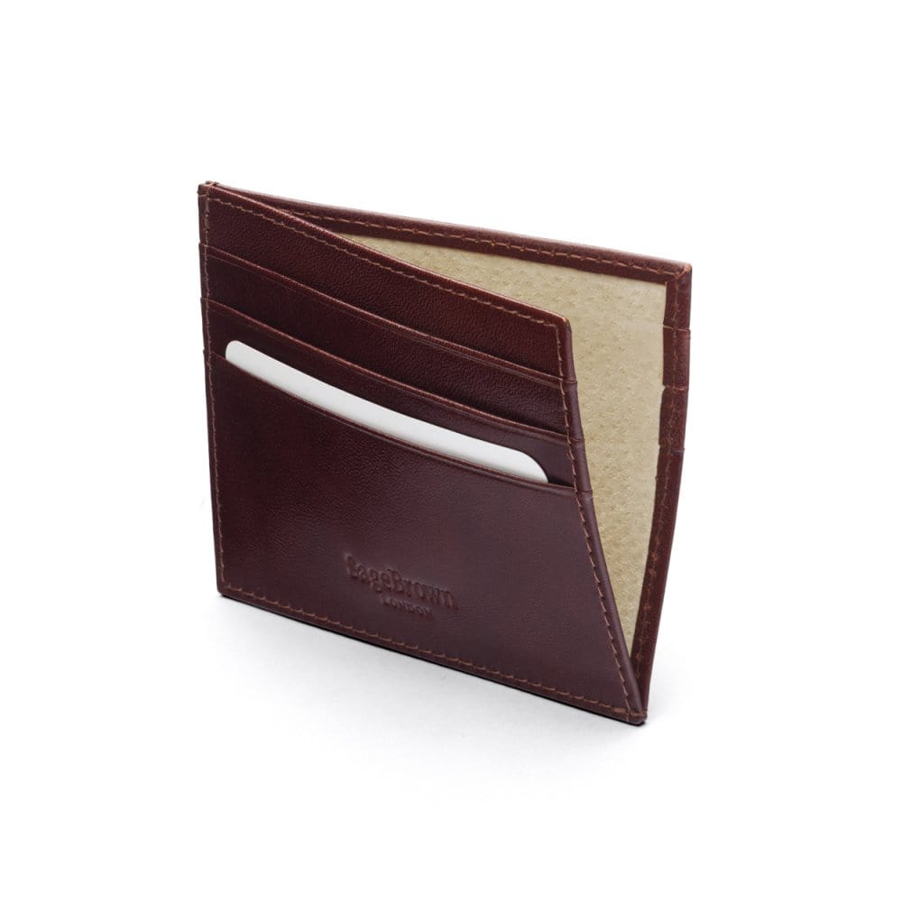 Leather side opening flat card holder, dark tan, inside