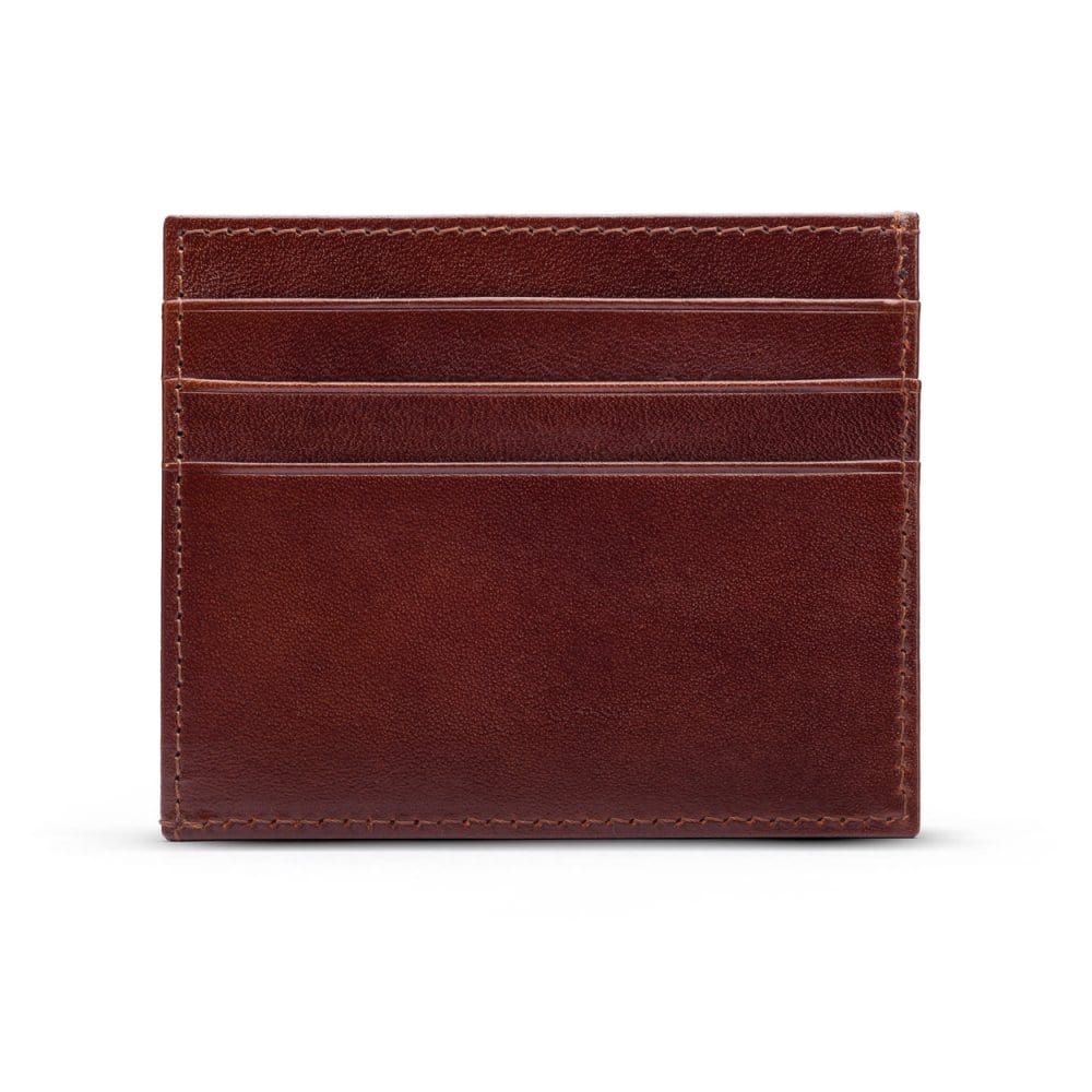 Leather side opening flat card holder, dark tan, front