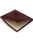 Leather side opening flat card holder, dark tan, open