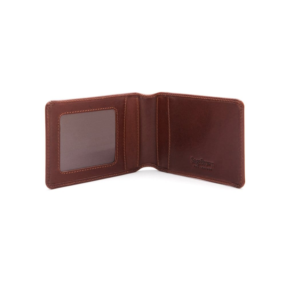 Leather travel card wallet, dark tan, open