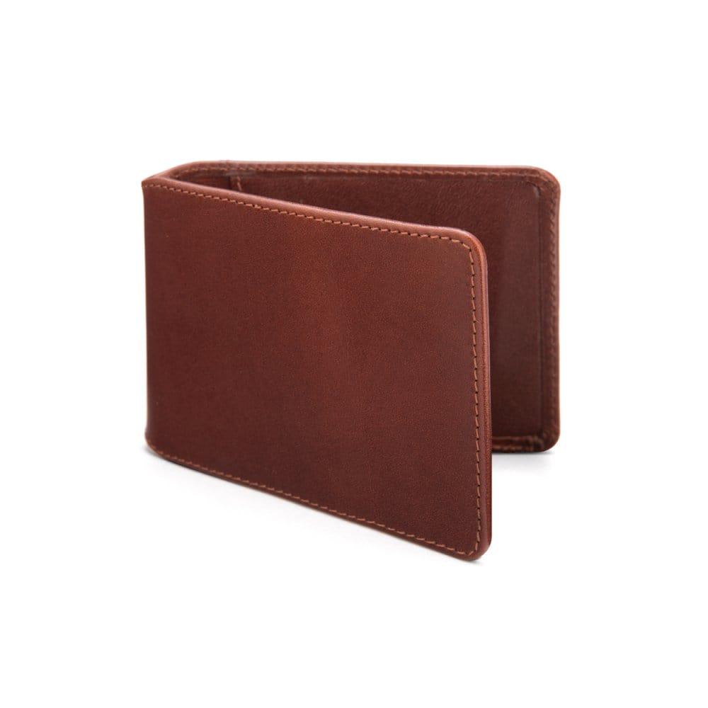 Leather travel card wallet, dark tan, front