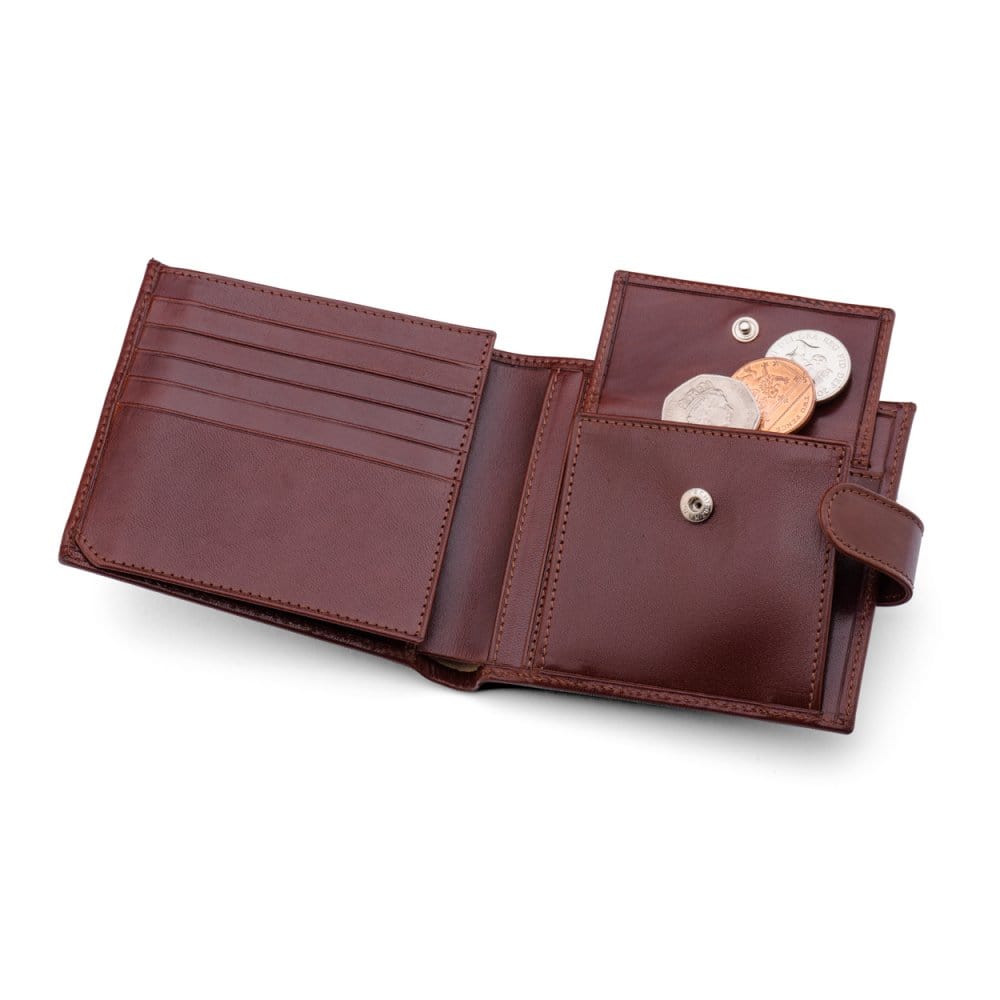 Leather wallet with coin purse, ID and tab closure, dark tan. coin purse open