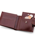 Leather wallet with coin purse, ID and tab closure, dark tan. coin purse open