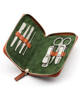 Leather zip around 7 piece manicure set, dark tan, inside