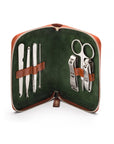 Leather zip around 7 piece manicure set, dark tan, open