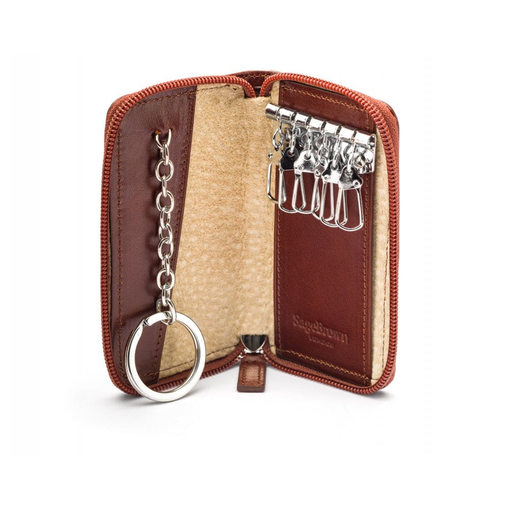 Leather zip around key case, dark tan, open