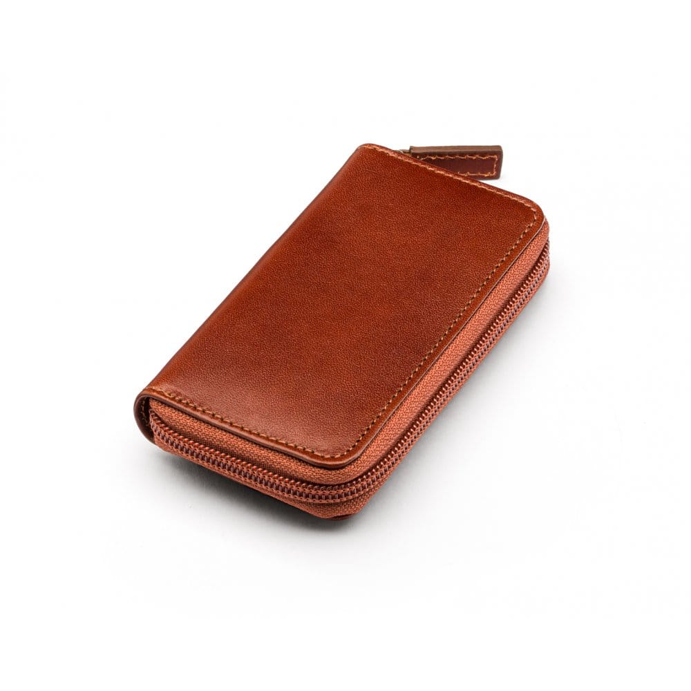 Leather zip around key case, dark tan, front