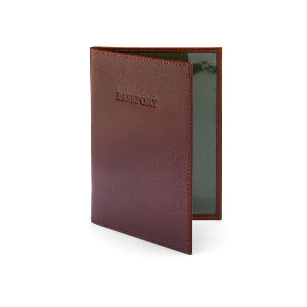 Luxury leather passport cover, dark tan, front