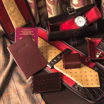 Luxury leather passport cover, dark tan, lifestyle