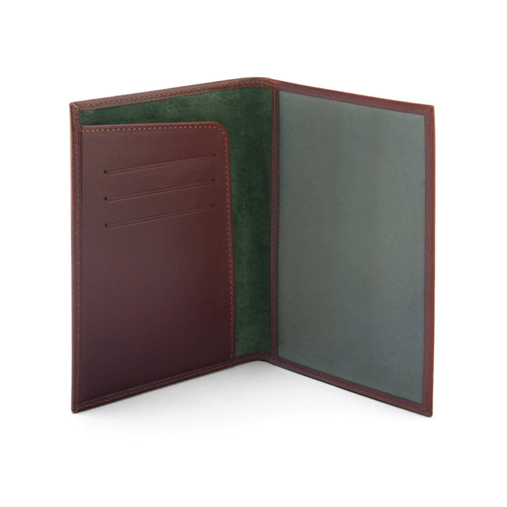 Luxury leather passport cover, dark tan, inside