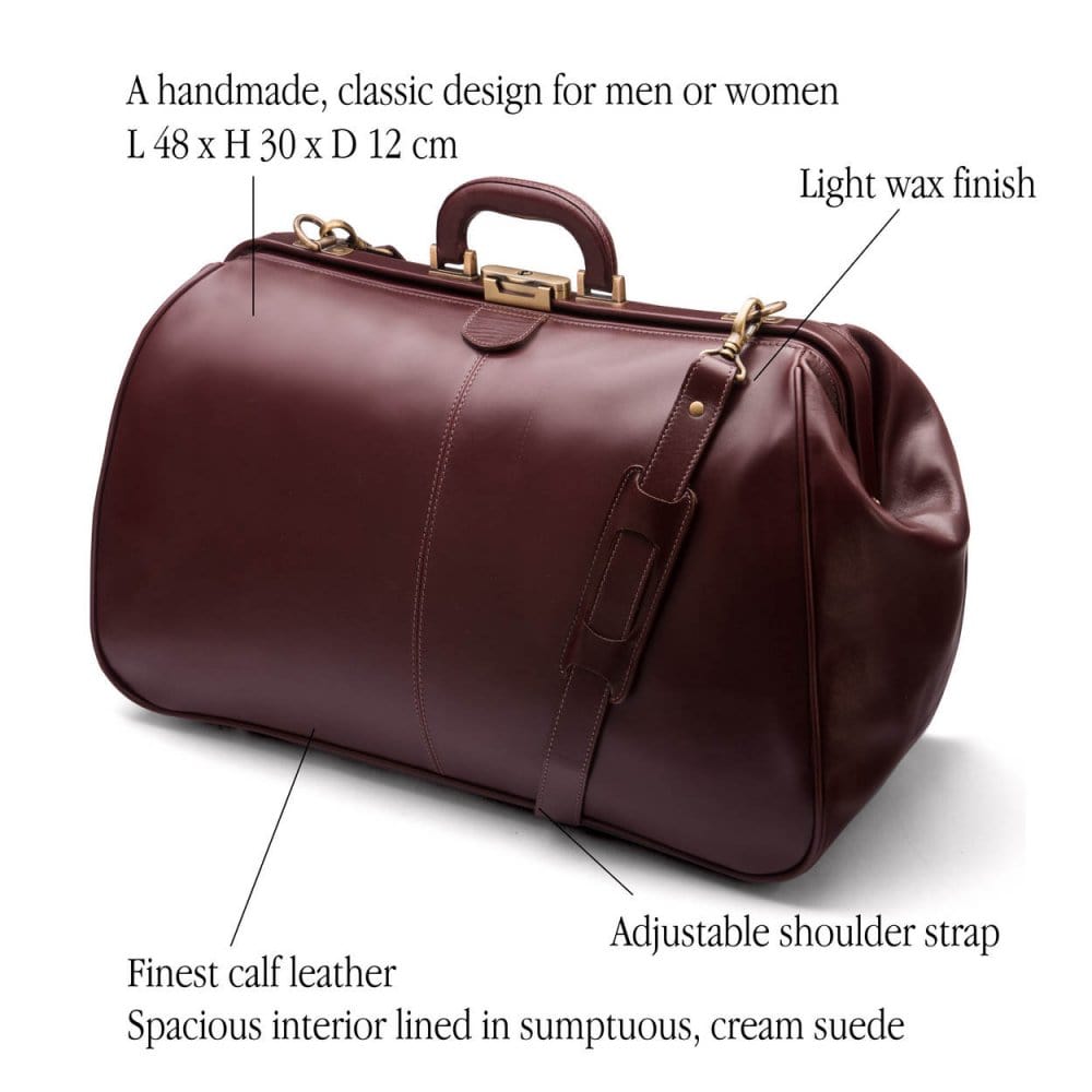 Leather Gladstone holdall, dark tan, features