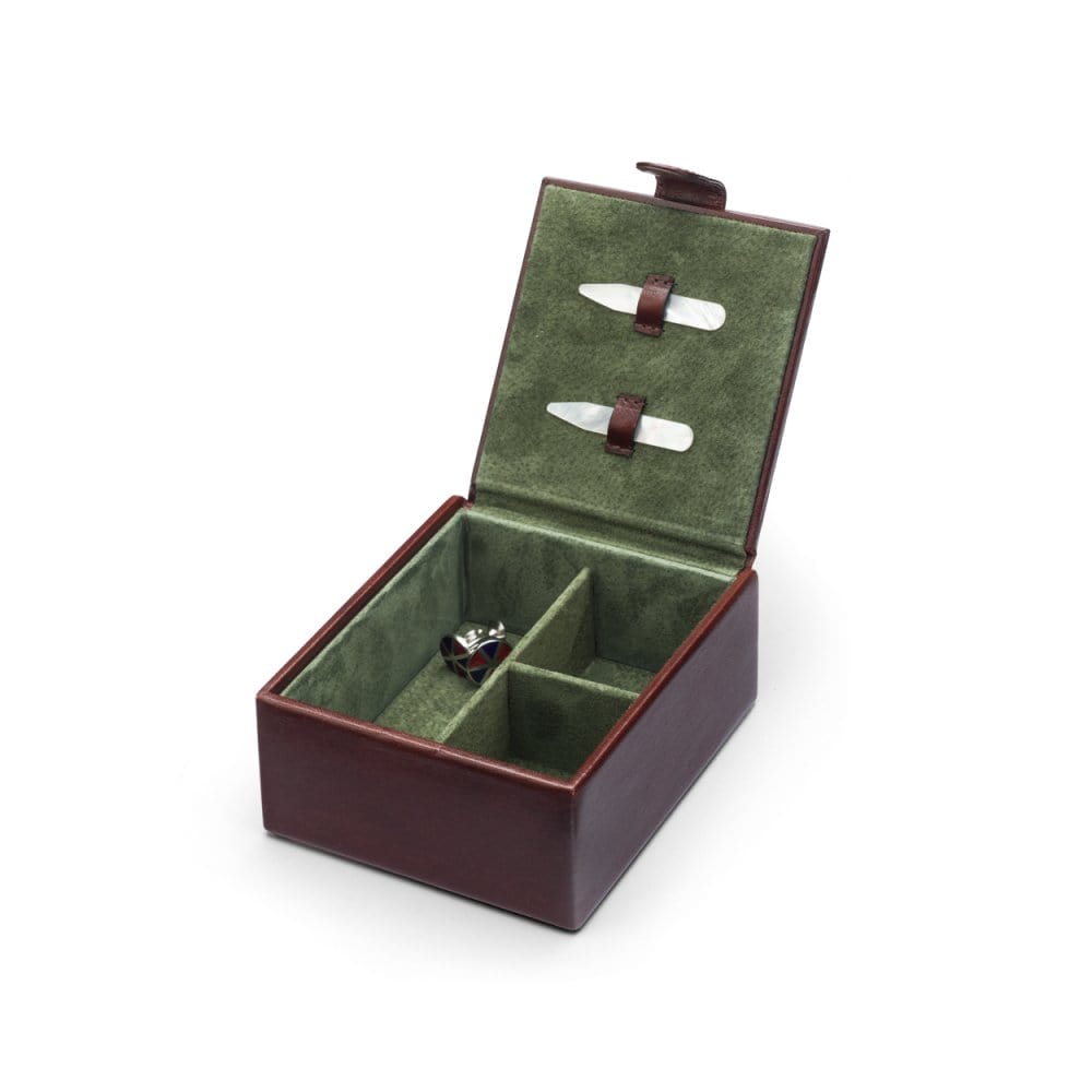 Men's leather accessory box, dark tan, open