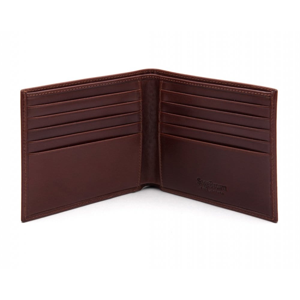 Men's leather billfold wallet, dark tan, open