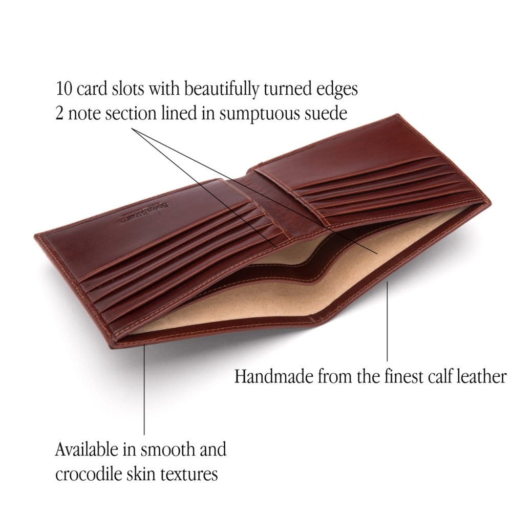 Men's leather billfold wallet, dark tan, features