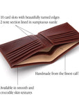 Men's leather billfold wallet, dark tan, features