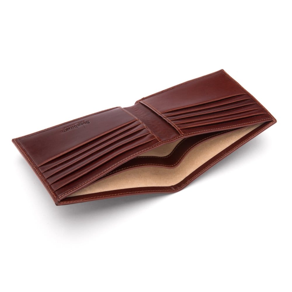 Men's leather billfold wallet, dark tan, inside