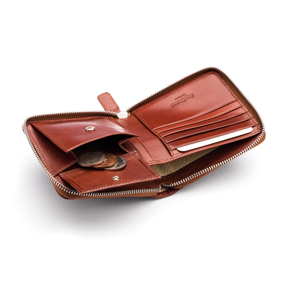 Men's leather zip wallet with coin purse, dark tan, inside