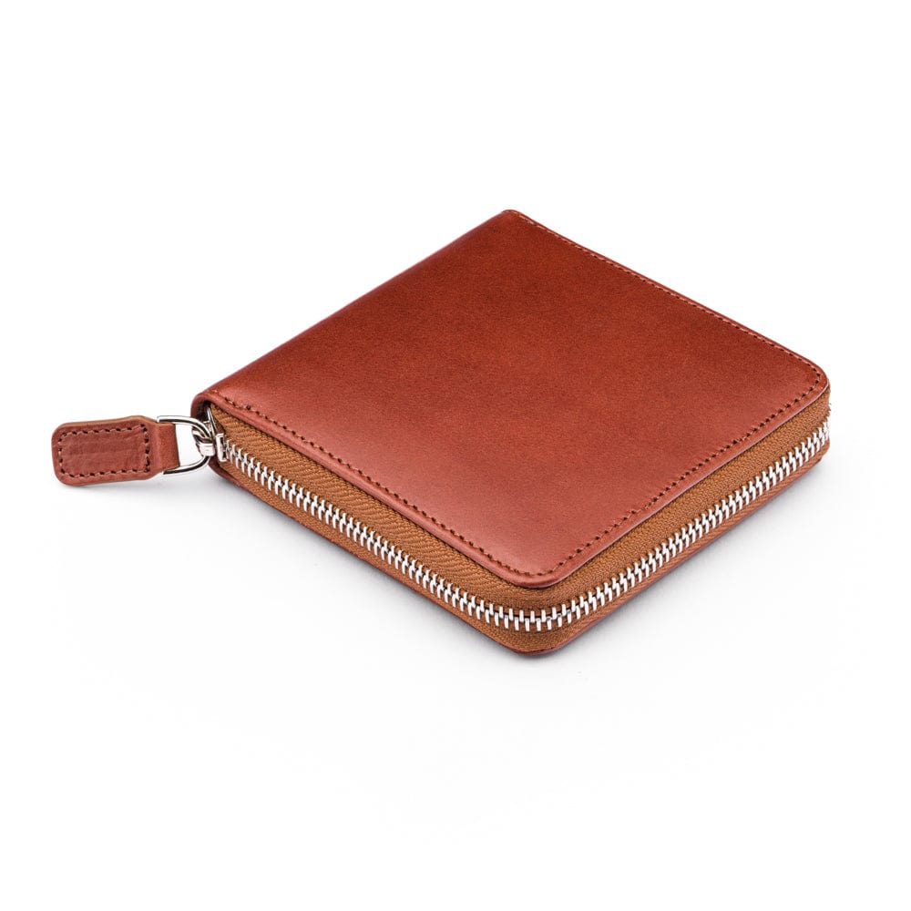 Men's leather zip wallet with coin purse, dark tan, front