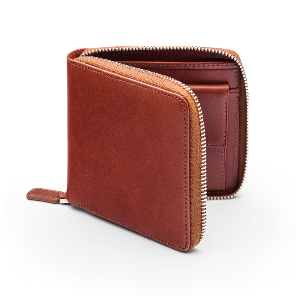 Men's leather zip wallet with coin purse, dark tan, front view