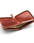 Men's leather wallet with zip around closure, dark tan, inside