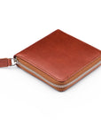 Men's leather wallet with zip around closure, dark tan, front view