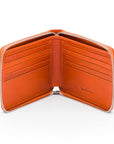 Men's leather wallet with zip around closure, orange, open