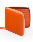 Men's leather wallet with zip around closure, orange, front