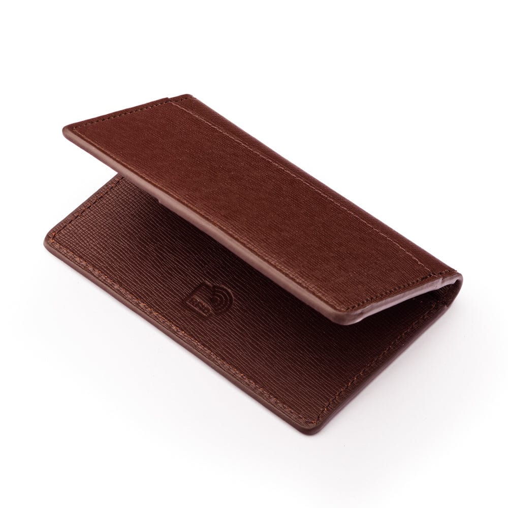 RFID bifold credit card holder, dark tan saffiano, RFID view