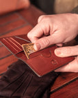 RFID compact leather card wallet, dark tan, lifestyle