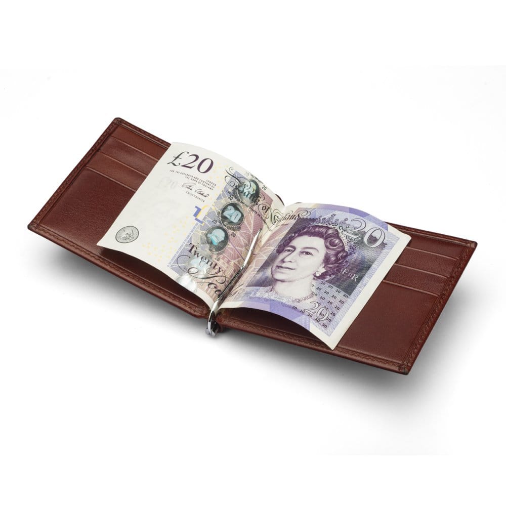 Dark Tan Compact Leather Wallet With Money Clip