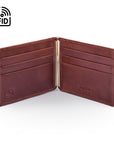 Leather money clip wallet, dark tan, open view