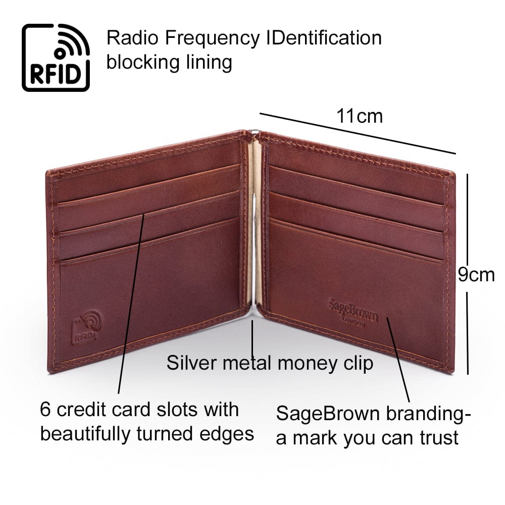 Leather money clip wallet, dark tan, features