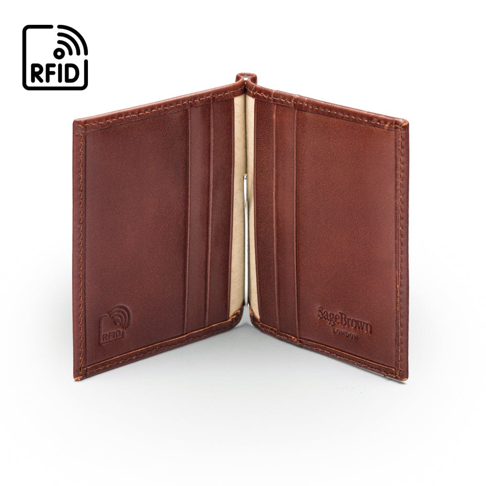 Clip wallet for men, dark tan, inside view