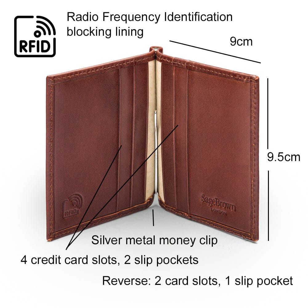 Clip wallet for men, dark tan, features