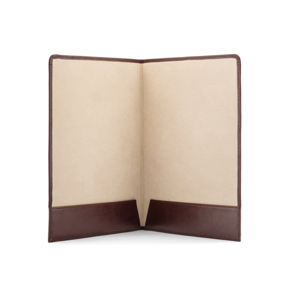 Simple leather document folder, dark tan, open