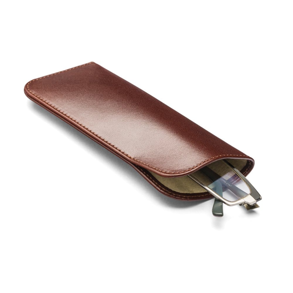 Small leather glasses case, dark tan, open