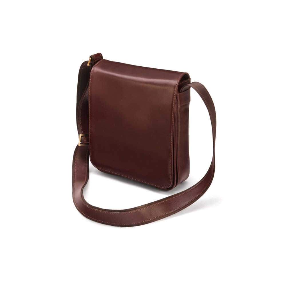 Small leather messenger bag, dark tan, side
