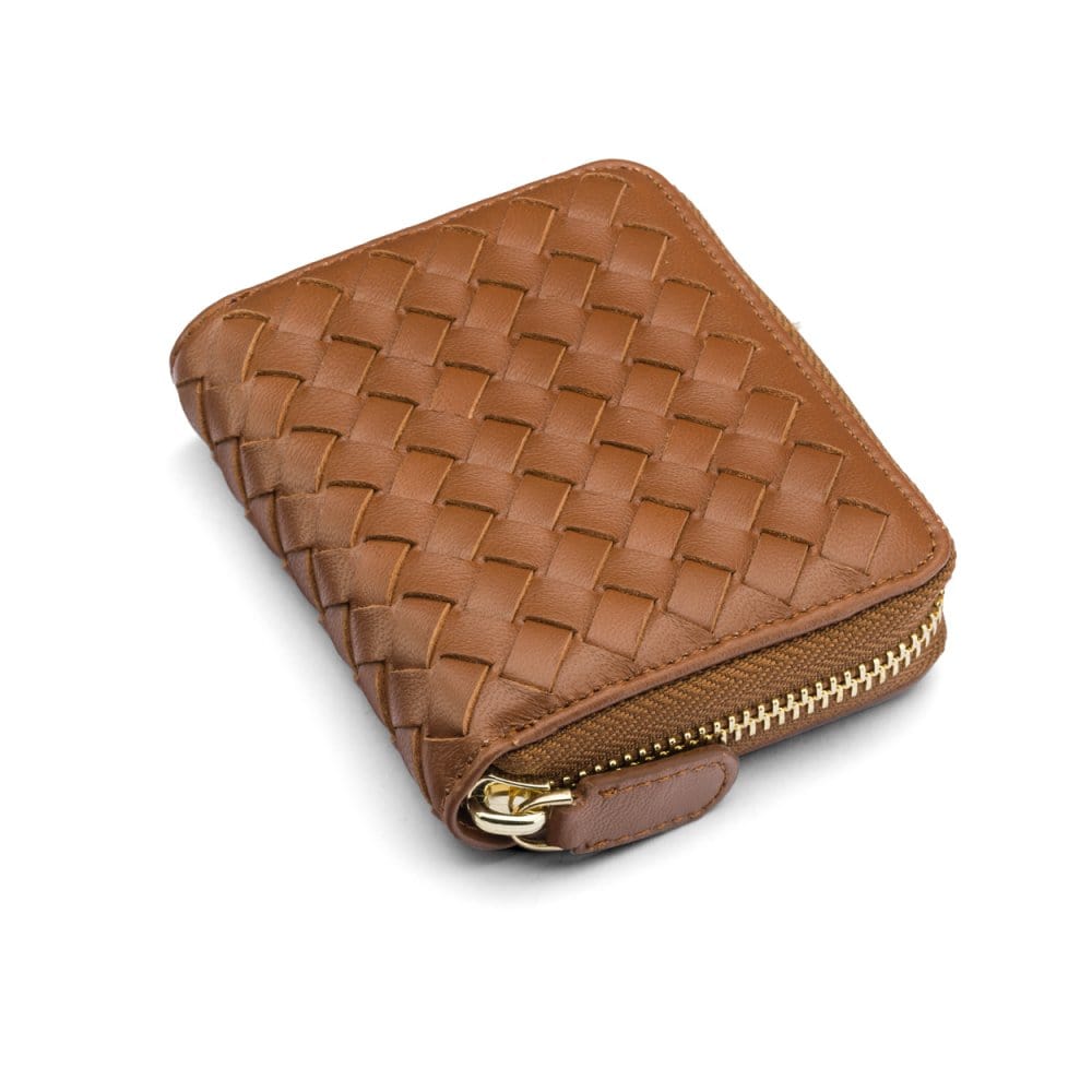 Small zip around woven leather accordion purse, dark tan, front
