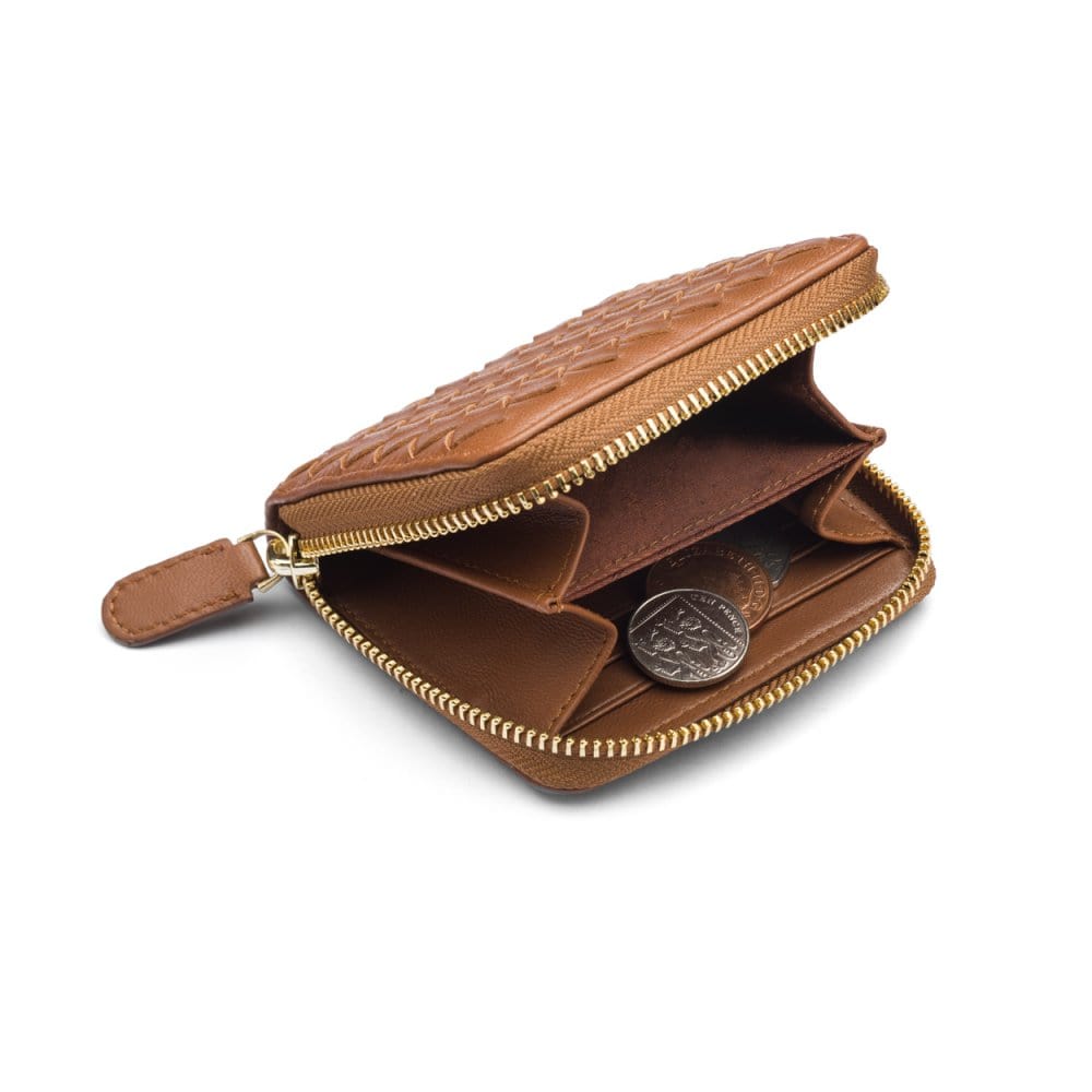 Small zip around woven leather accordion purse, dark tan, inside