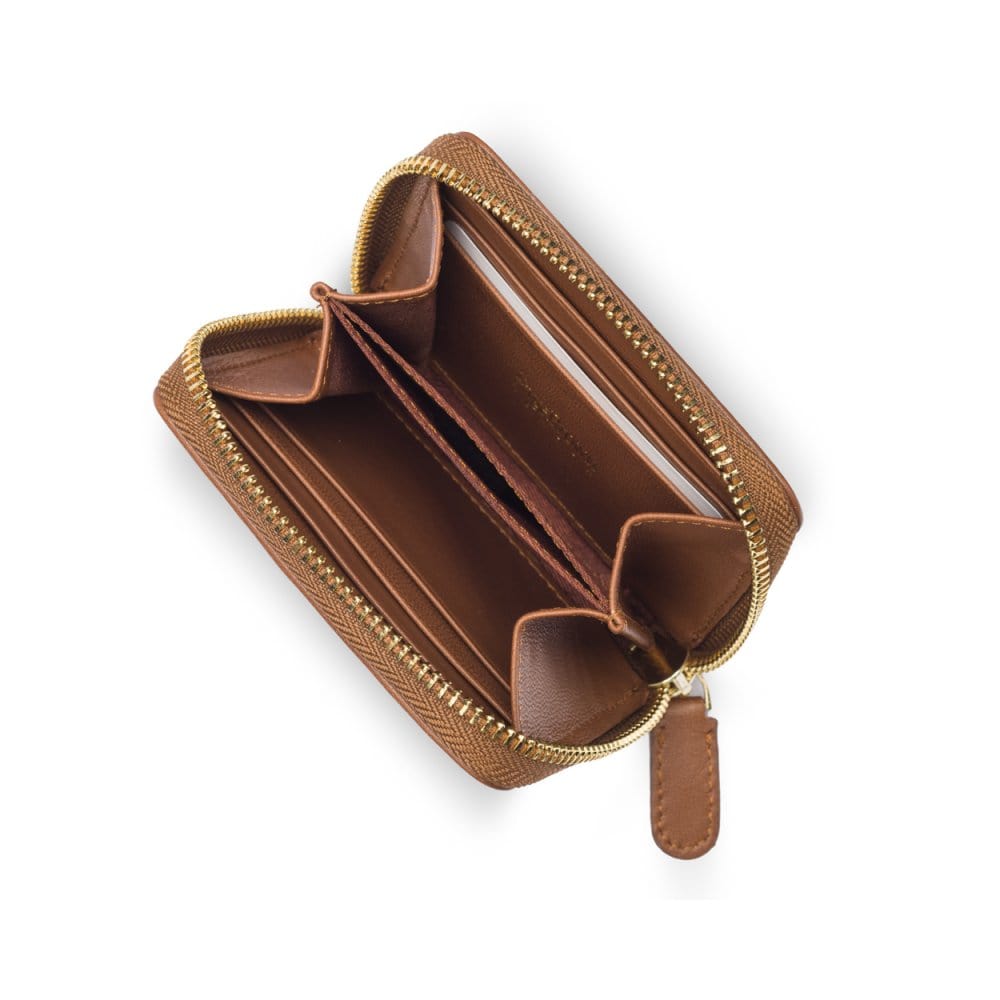 Small zip around woven leather accordion purse, dark tan, interior