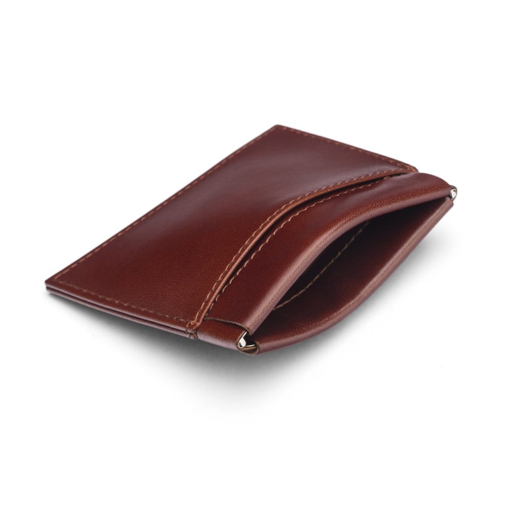 Leather squeeze spring coin purse, dark tan, open