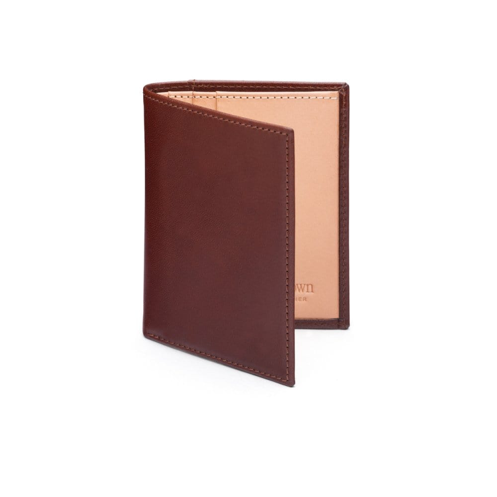 Two tone compact leather billfold wallet with 4 cc, dark tan, front