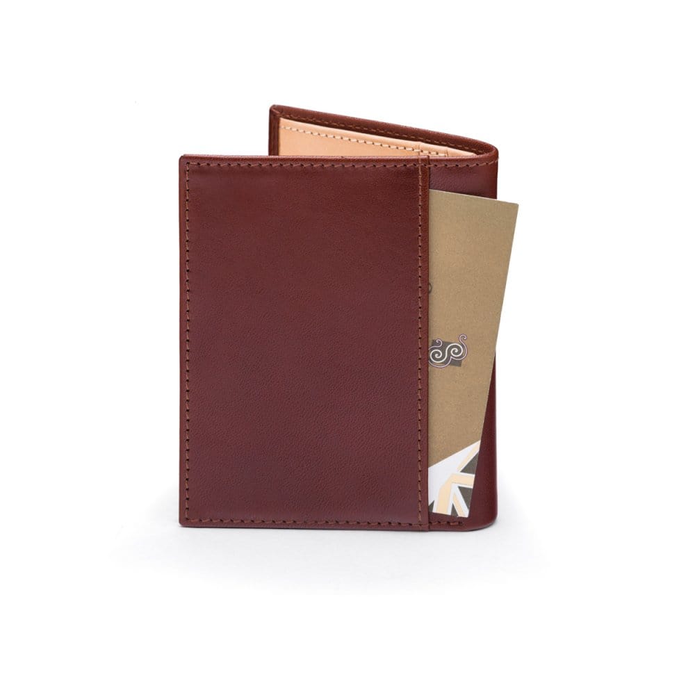 Two tone compact leather billfold wallet with 4 cc, dark tan, back