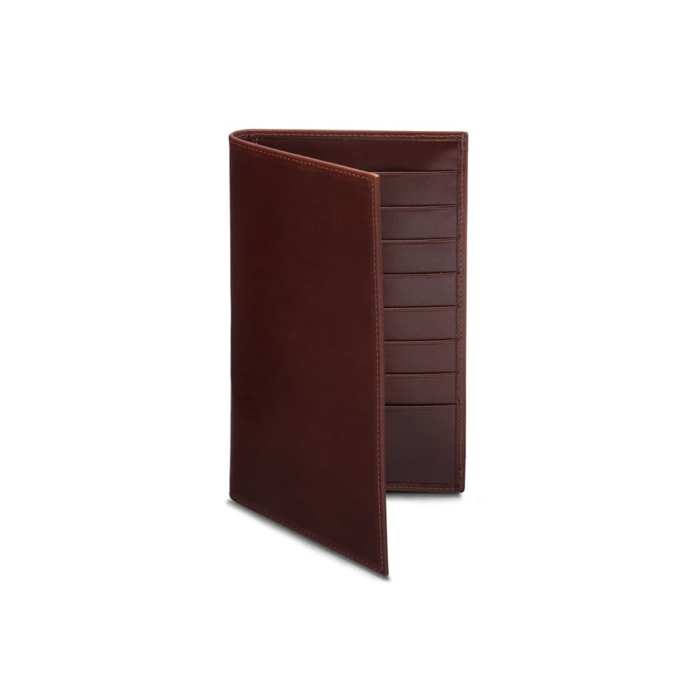 Slim tall leather suit wallet, dark tan, front