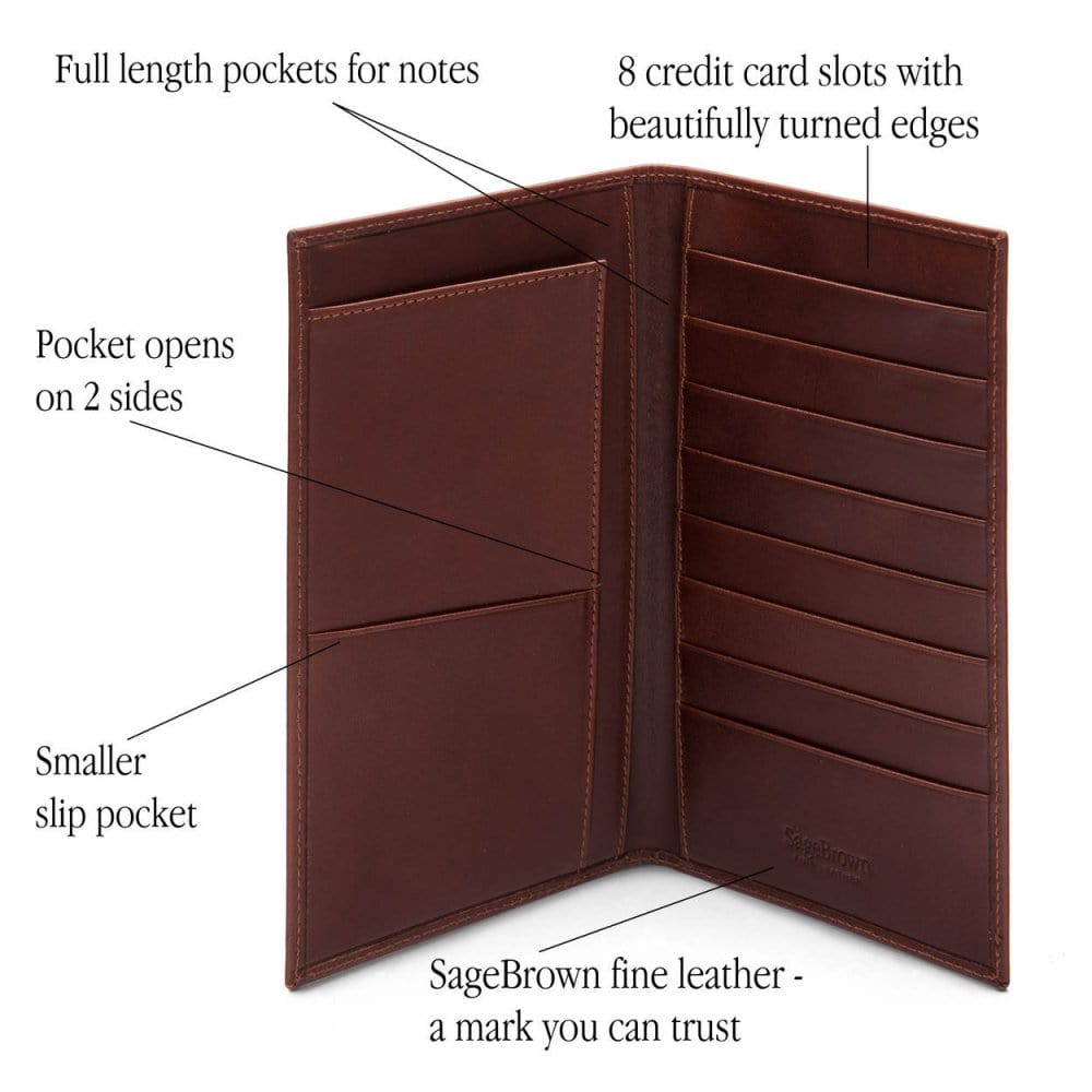 Slim tall leather suit wallet, dark tan, features