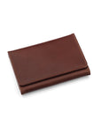 Leather tri-fold travel card holder, dark tan with cream, front