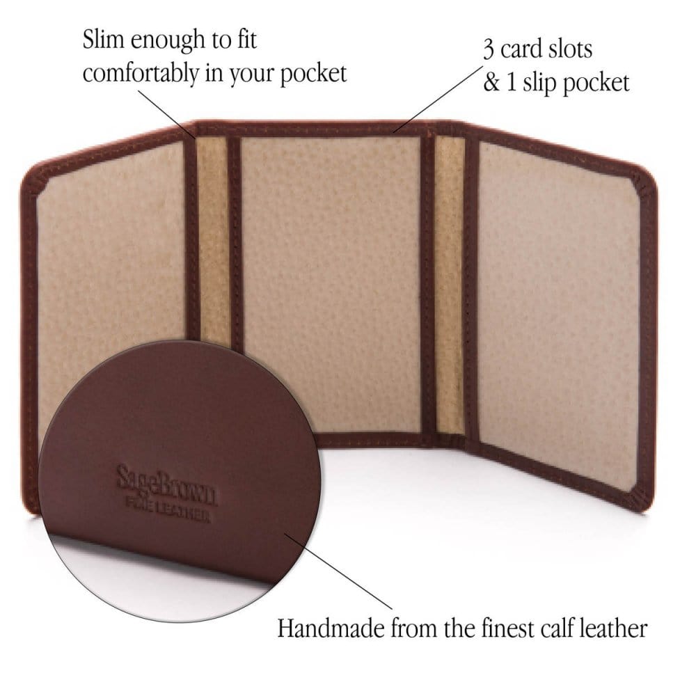 Leather tri-fold travel card holder, dark tan with cream, features