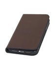 Leather iPhone XR wallet case, dark tan, front