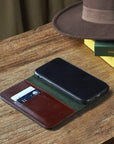 Leather iPhone XR wallet case, dark tan, lifestyle