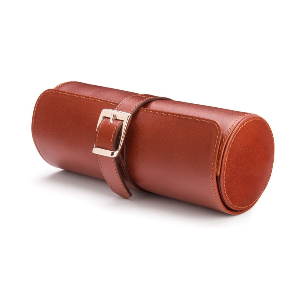 Large leather watch roll, dark tan, front
